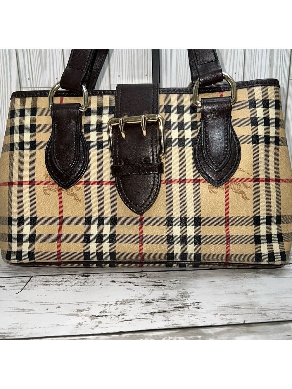 Burberry London Nova Check Tote Bag Brown Leather Plaid Shoulder Purse - Picture 2 of 15